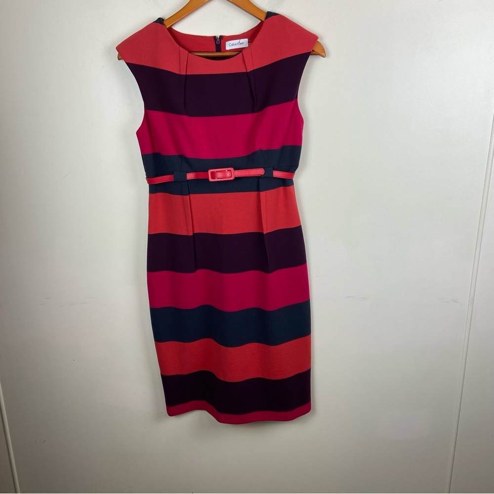 Calvin Klein‎ Colorblock Sheath Dress with Belt Colorful Midi Size 6 Office